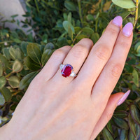 3.78 Ct. Ruby and Natural Diamond Three Stone Ring, Platinum 950 Life Style
