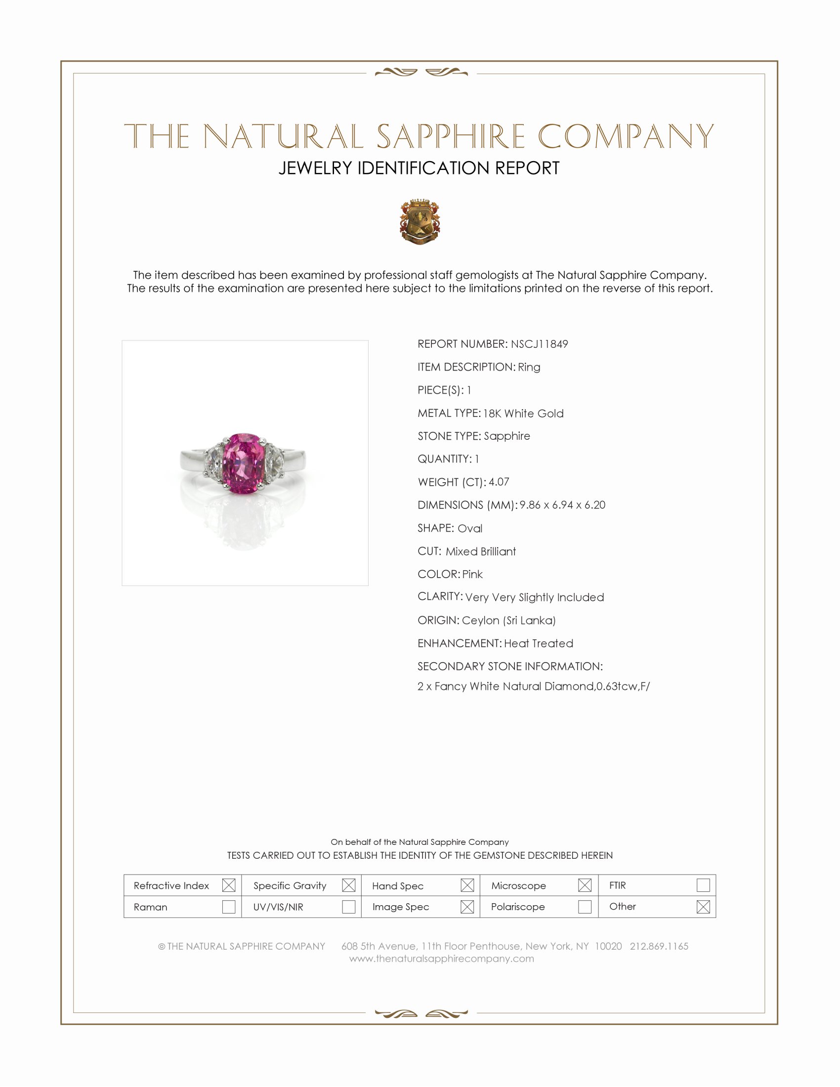 4.07 Ct. Pink Sapphire and Natural Diamond Three Stone Ring, 18K White Gold