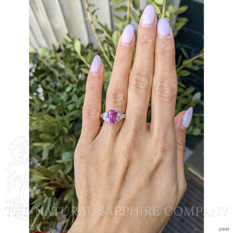 4.07 Ct. Pink Sapphire and Natural Diamond Three Stone Ring, 18K White Gold