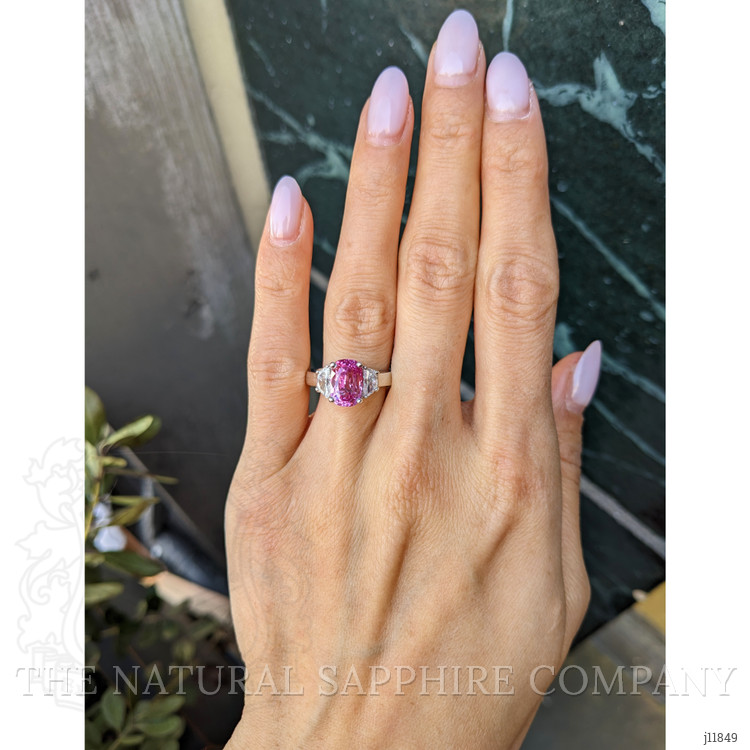 4.07 Ct. Pink Sapphire and Natural Diamond Three Stone Ring, 18K White Gold
