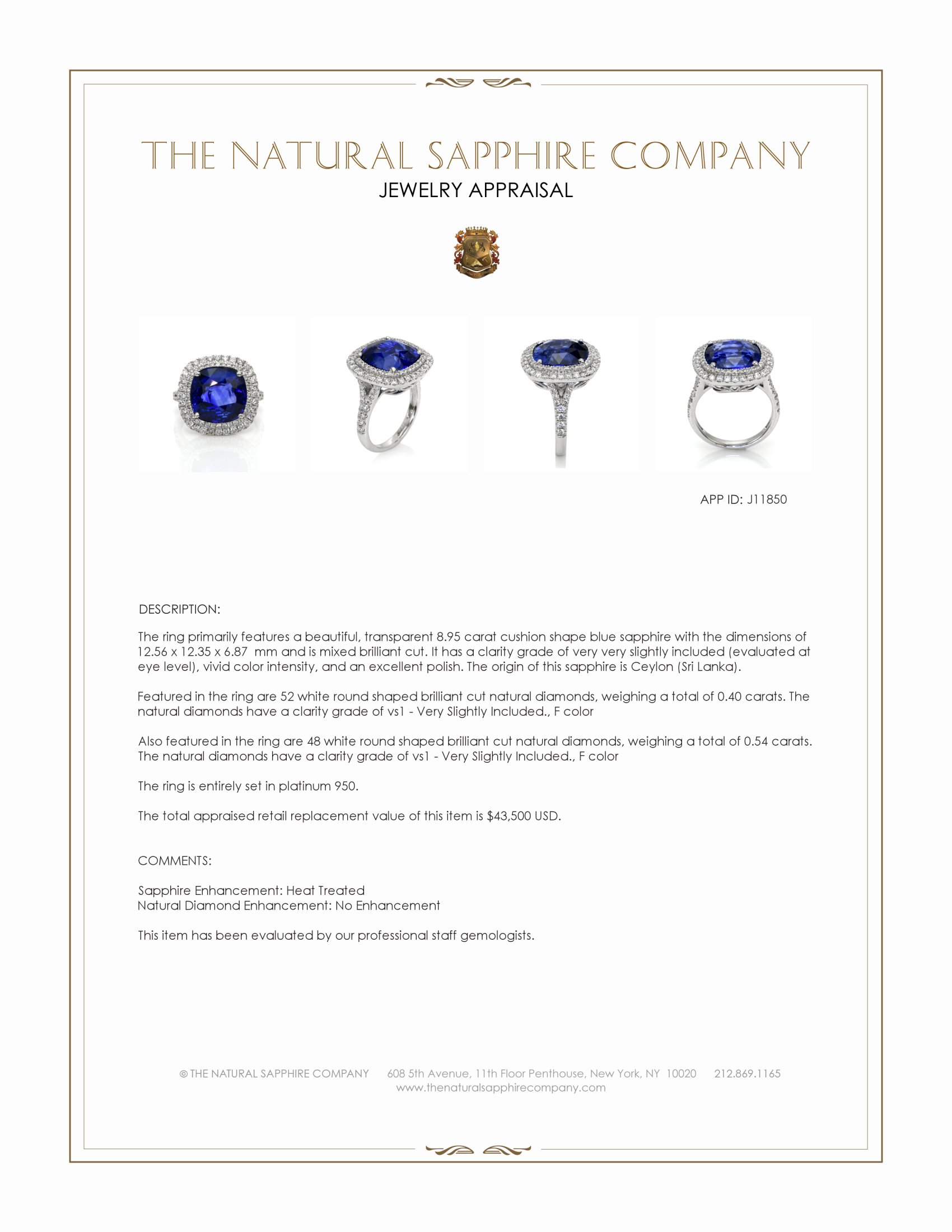 8.95 Ct. Blue Sapphire and Natural Diamond Pave Ring, Platinum 950