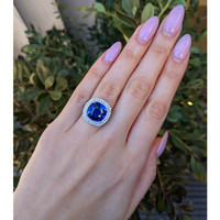 8.95 Ct. Blue Sapphire and Natural Diamond Pave Ring, Platinum 950 Life Style
