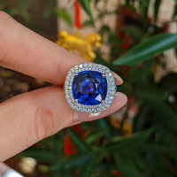 8.95 Ct. Blue Sapphire and Natural Diamond Pave Ring, Platinum 950 Life Style
