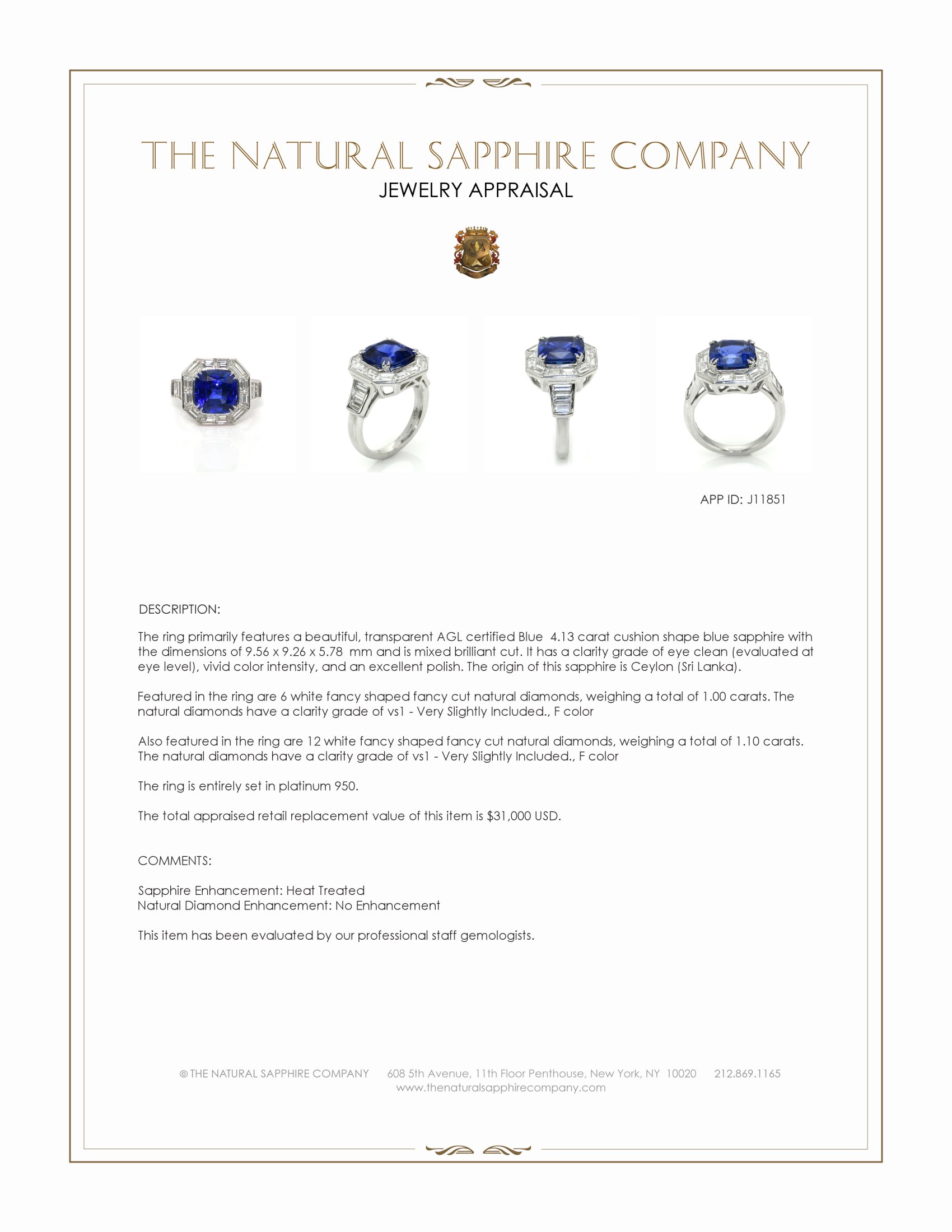 4.13 Ct. Blue Sapphire and Natural Diamond Halo Ring, Platinum 950