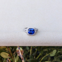 3.76 Ct. Blue Sapphire and Natural Diamond Pave Ring, 18K White Gold Life Style