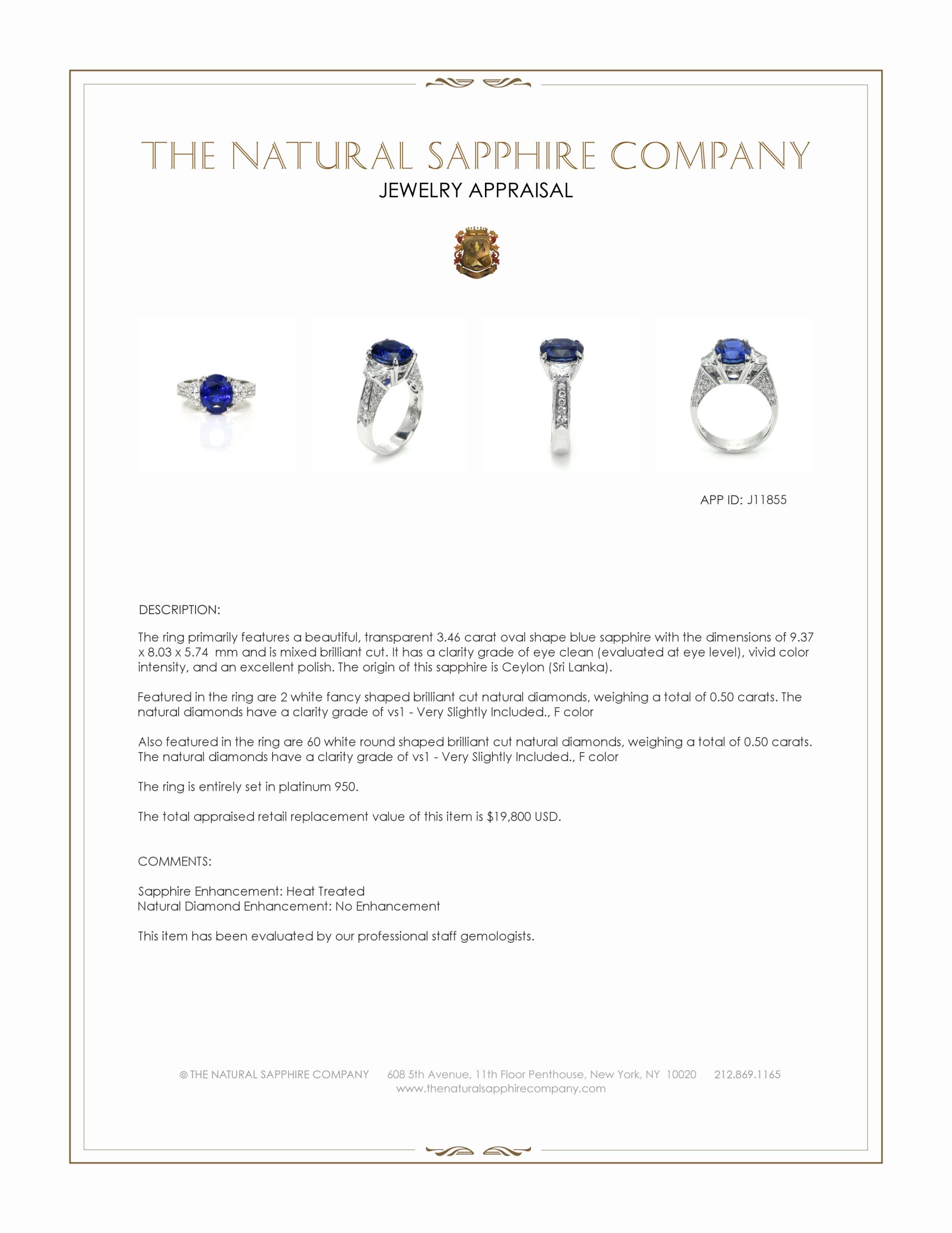 3.46 Ct. Blue Sapphire and Natural Diamond Three Stone Ring, Platinum 950