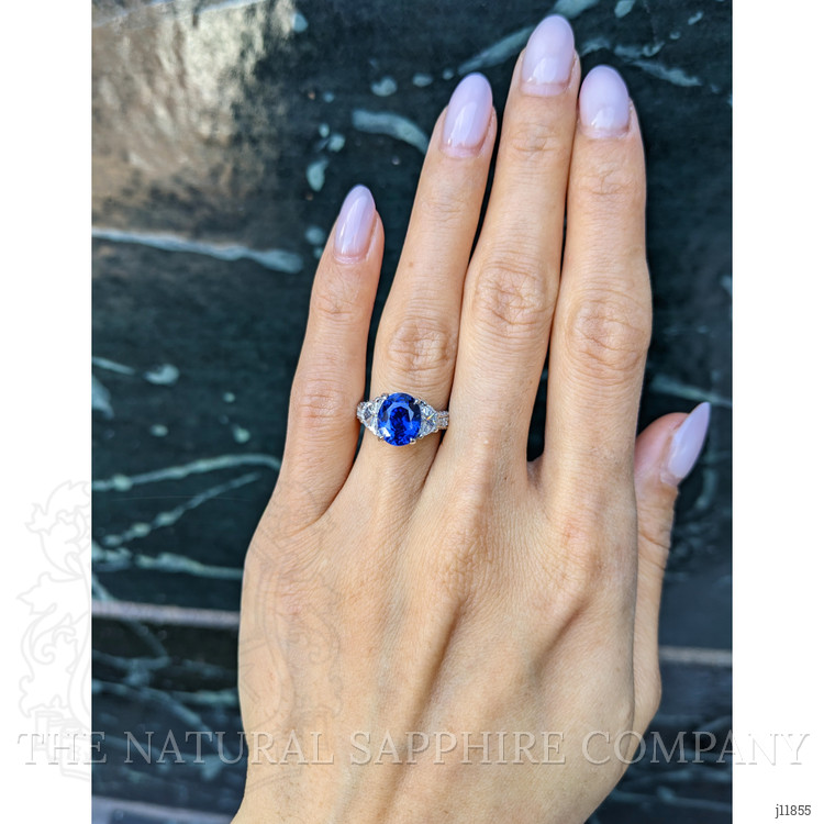 3.46 Ct. Blue Sapphire and Natural Diamond Three Stone Ring, Platinum 950