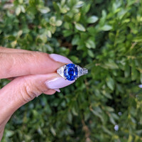 3.46 Ct. Blue Sapphire and Natural Diamond Three Stone Ring, Platinum 950 Life Style