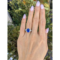 3.46 Ct. Blue Sapphire and Natural Diamond Three Stone Ring, Platinum 950 Life Style