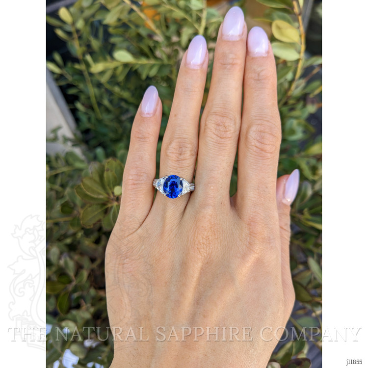 3.46 Ct. Blue Sapphire and Natural Diamond Three Stone Ring, Platinum 950