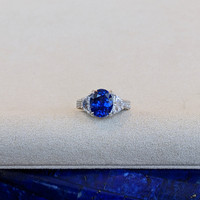 3.46 Ct. Blue Sapphire and Natural Diamond Three Stone Ring, Platinum 950 Life Style