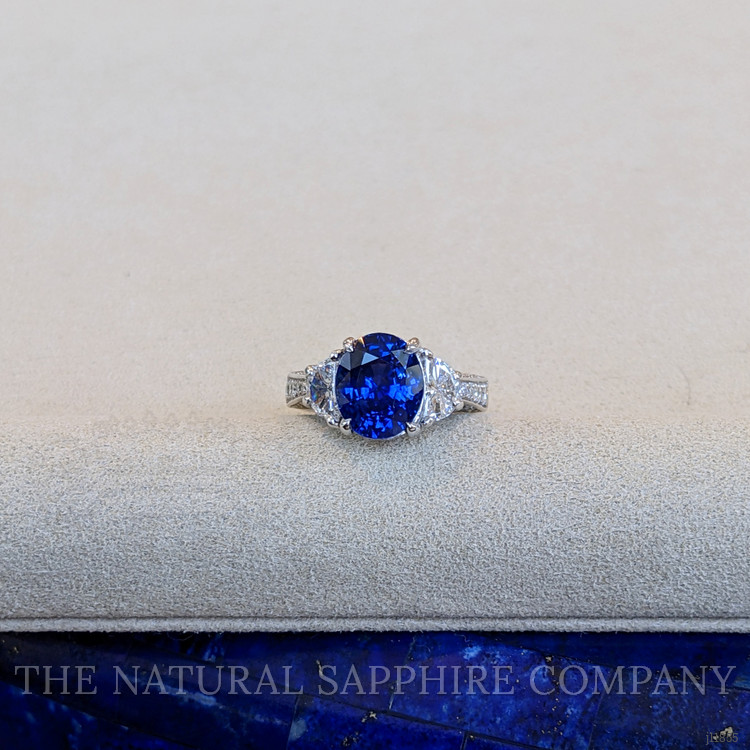 3.46 Ct. Blue Sapphire and Natural Diamond Three Stone Ring, Platinum 950