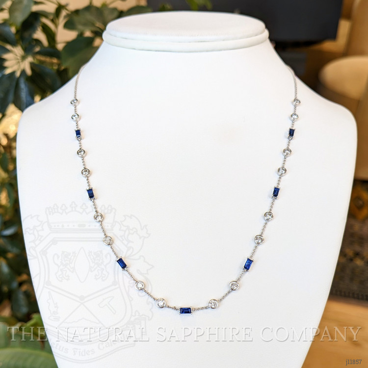 1.46 Ct. Blue Sapphire and Natural Diamond Bezel Necklace, 14K White Gold