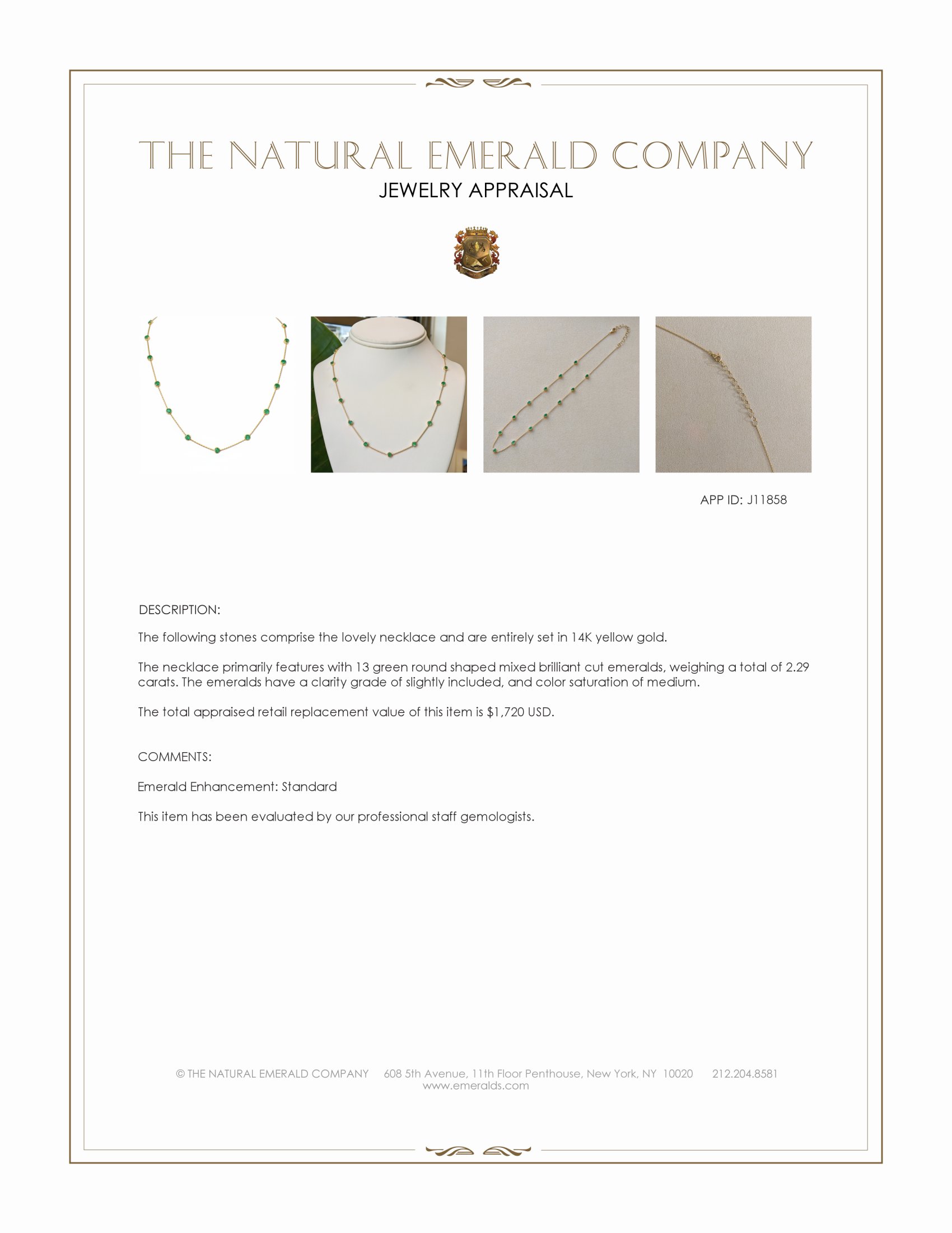 2.29 Ct. Emerald Accent Stones Necklace, 14K Yellow Gold