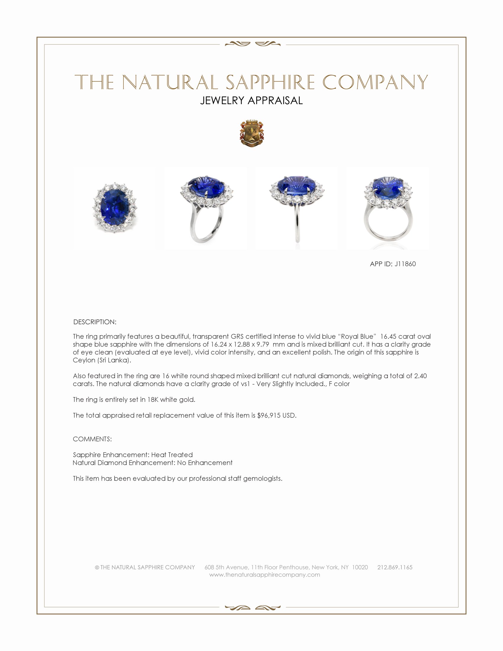 16.45 Ct. Blue Sapphire and Natural Diamond Pave Ring, 18K White Gold