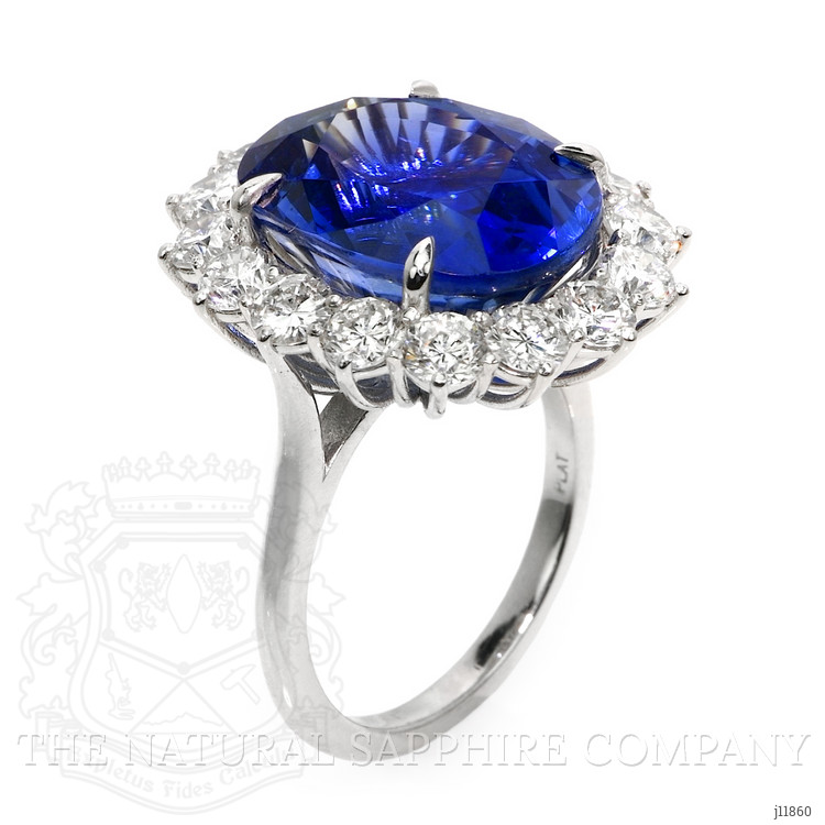 16.45 Ct. Blue Sapphire and Natural Diamond Pave Ring, 18K White Gold