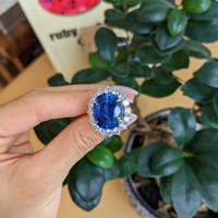 16.45 Ct. Blue Sapphire and Natural Diamond Pave Ring, 18K White Gold Life Style