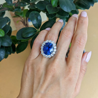 16.45 Ct. Blue Sapphire and Natural Diamond Pave Ring, 18K White Gold Life Style