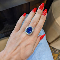 16.45 Ct. Blue Sapphire and Natural Diamond Pave Ring, 18K White Gold Life Style