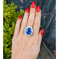 16.45 Ct. Blue Sapphire and Natural Diamond Pave Ring, 18K White Gold Life Style