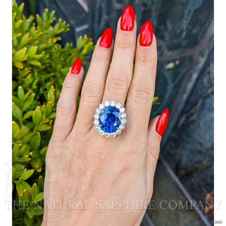16.45 Ct. Blue Sapphire and Natural Diamond Pave Ring, 18K White Gold