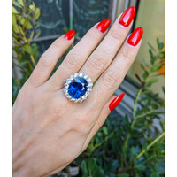 16.45 Ct. Blue Sapphire and Natural Diamond Pave Ring, 18K White Gold Life Style