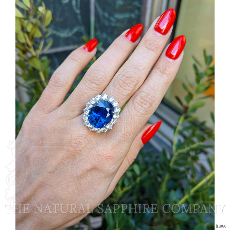 16.45 Ct. Blue Sapphire and Natural Diamond Pave Ring, 18K White Gold
