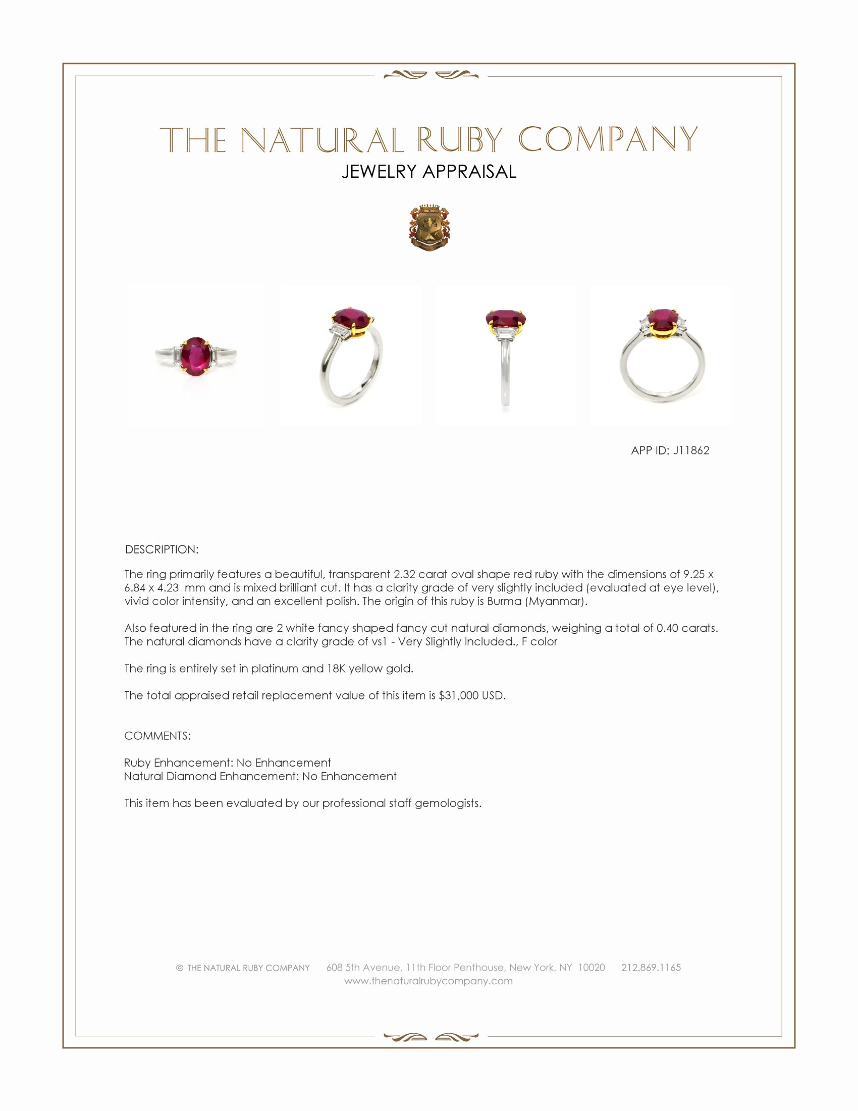 2.32 Ct. Ruby and Natural Diamond Three Stone Ring, Platinum & 18K Yellow