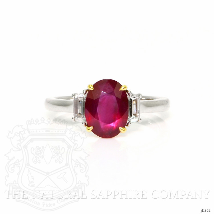 2.32 Ct. Ruby and Natural Diamond Three Stone Ring, Platinum & 18K Yellow