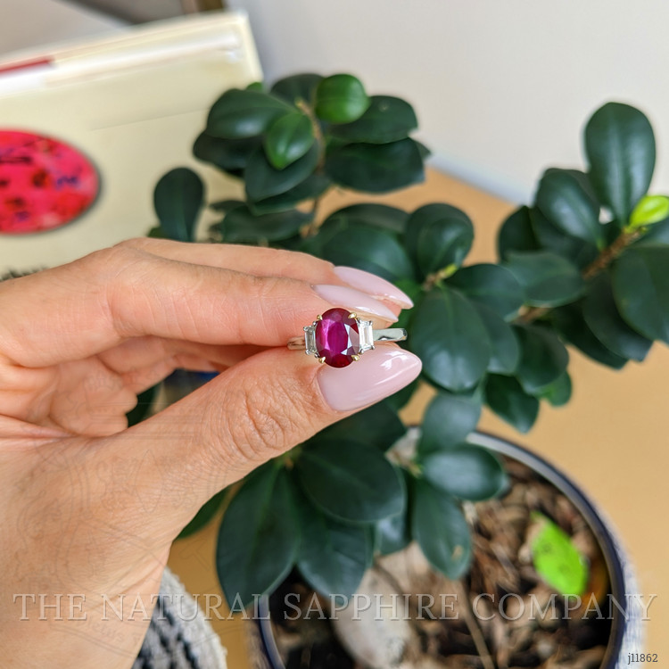 2.32 Ct. Ruby and Natural Diamond Three Stone Ring, Platinum & 18K Yellow