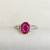 2.32 Ct. Ruby and Natural Diamond Three Stone Ring, Platinum & 18K Yellow Life Style