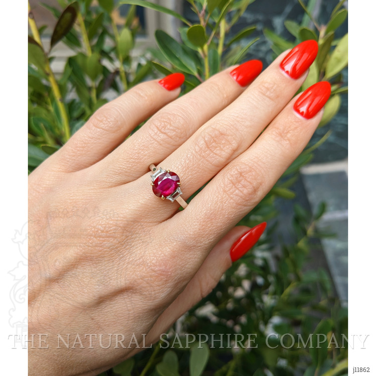 2.32 Ct. Ruby and Natural Diamond Three Stone Ring, Platinum & 18K Yellow