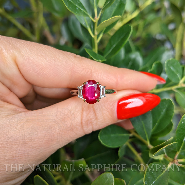 2.32 Ct. Ruby and Natural Diamond Three Stone Ring, Platinum & 18K Yellow