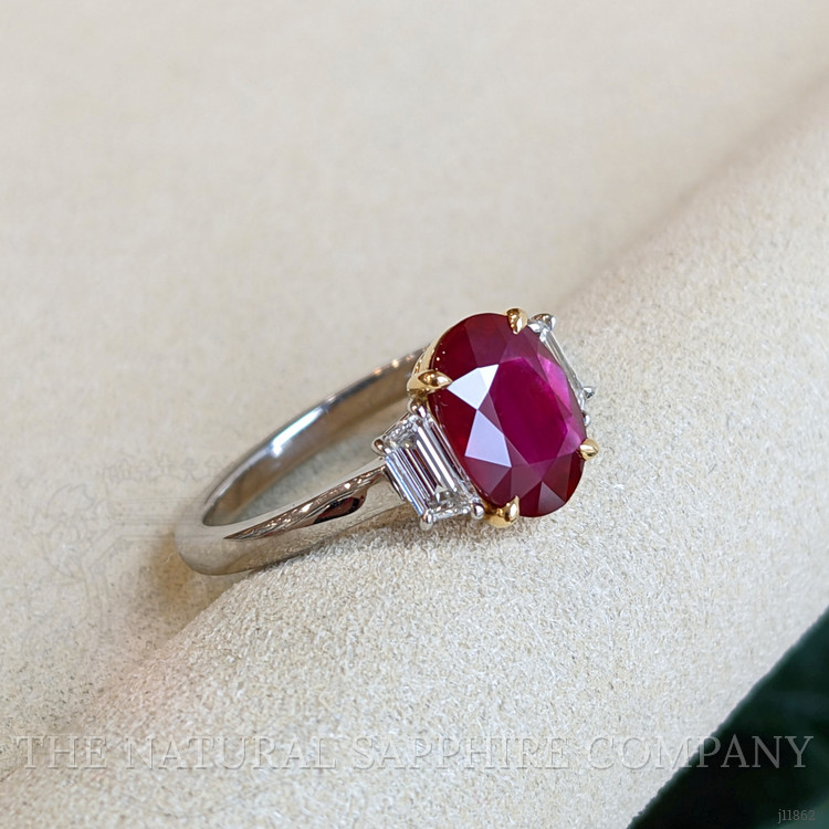 2.32 Ct. Ruby and Natural Diamond Three Stone Ring, Platinum & 18K Yellow