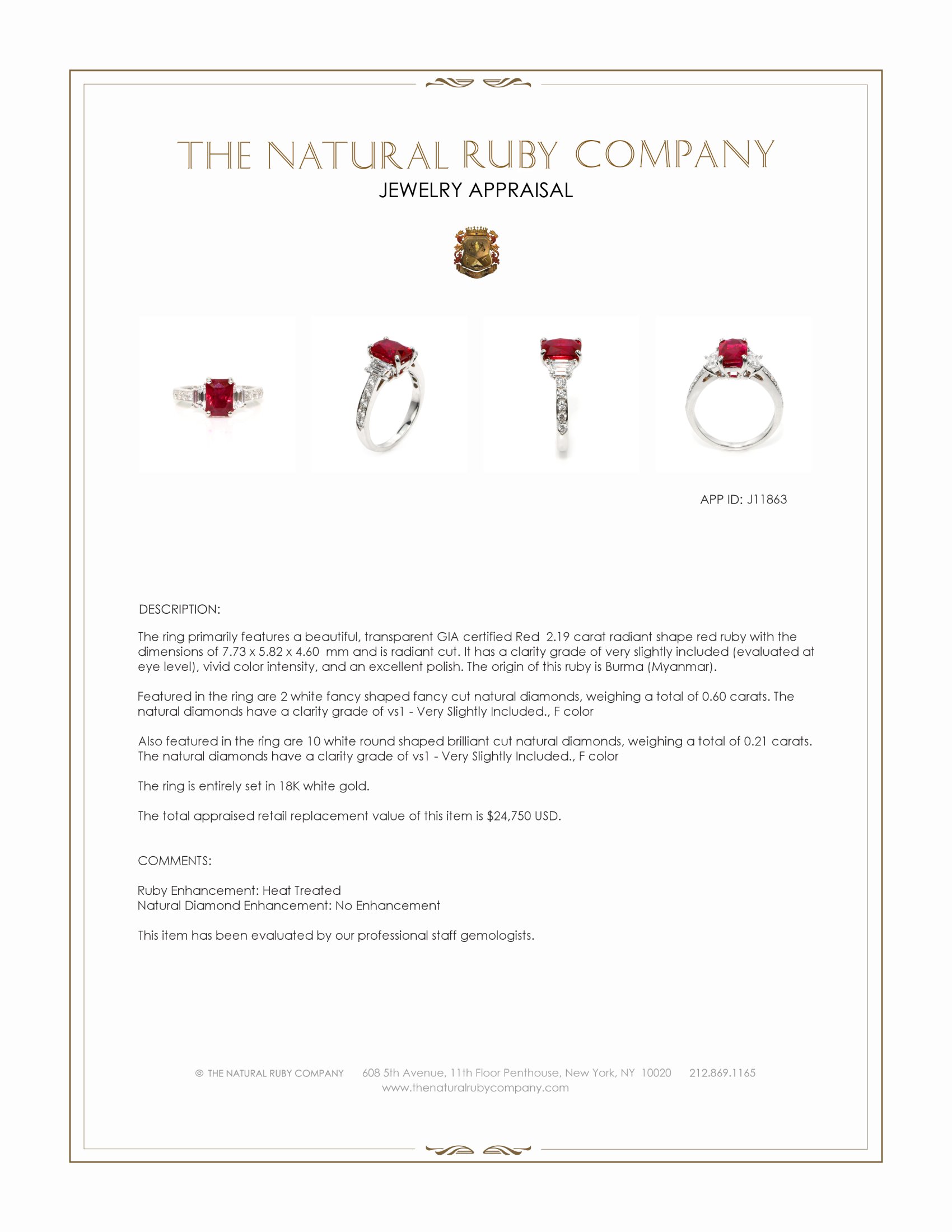 2.19 Ct. Ruby and Natural Diamond Three Stone Ring, 18K White Gold