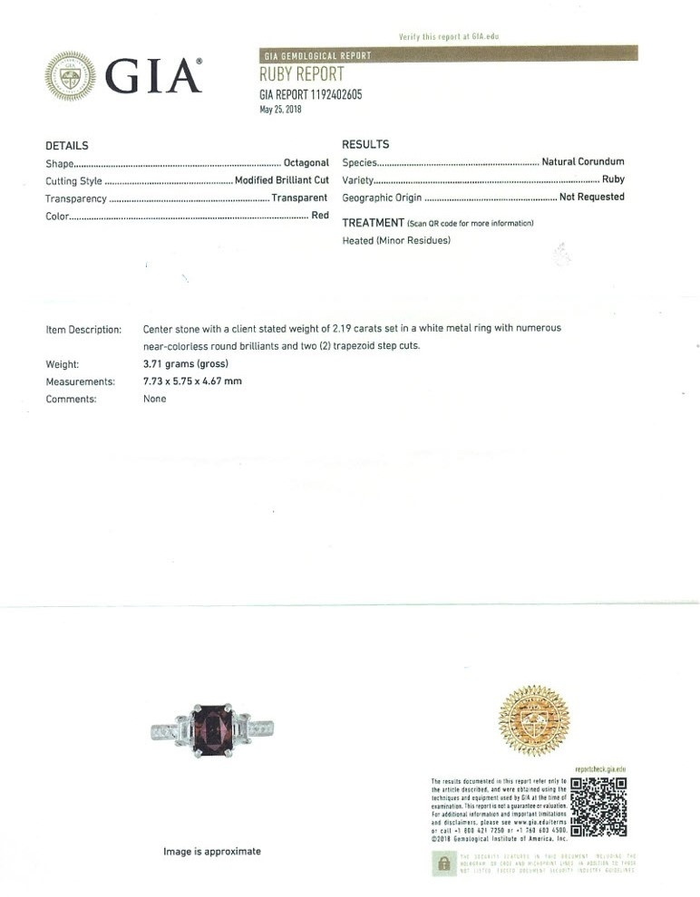 2.19 Ct. Ruby and Natural Diamond Three Stone Ring, 18K White Gold