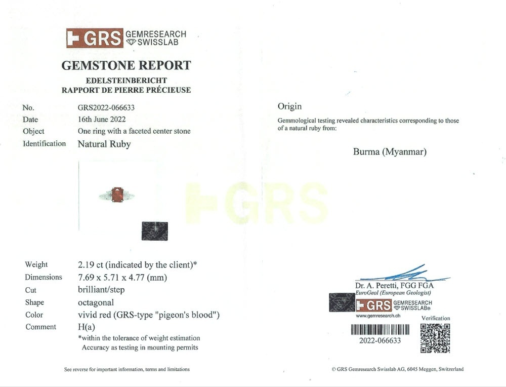 2.19 Ct. Ruby and Natural Diamond Three Stone Ring, 18K White Gold