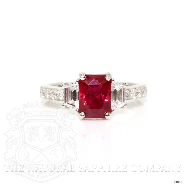 2.19 Ct. Ruby and Natural Diamond Three Stone Ring, 18K White Gold
