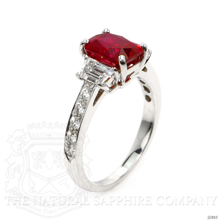 2.19 Ct. Ruby and Natural Diamond Three Stone Ring, 18K White Gold