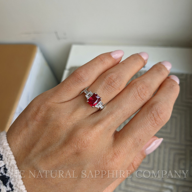 2.19 Ct. Ruby and Natural Diamond Three Stone Ring, 18K White Gold