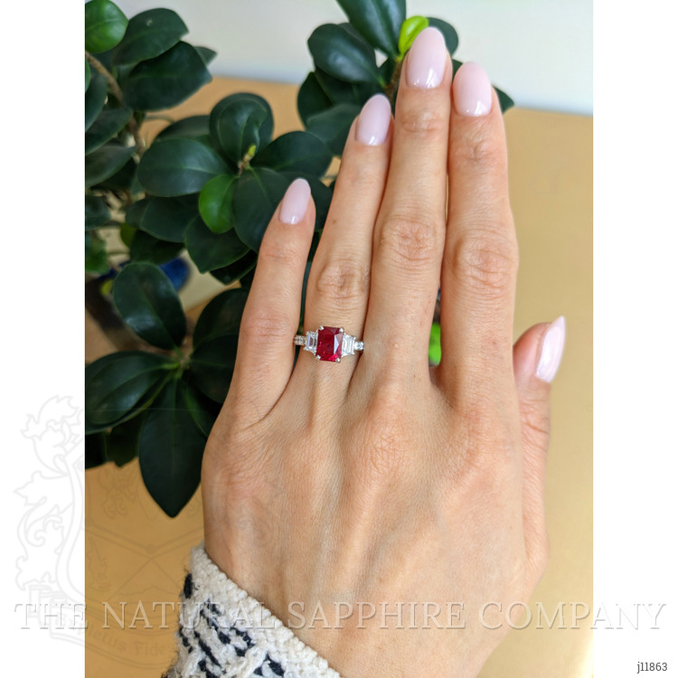 2.19 Ct. Ruby and Natural Diamond Three Stone Ring, 18K White Gold