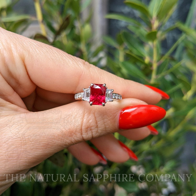 2.19 Ct. Ruby and Natural Diamond Three Stone Ring, 18K White Gold
