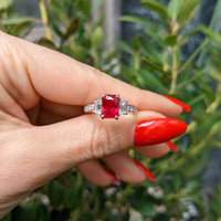 2.19 Ct. Ruby and Natural Diamond Three Stone Ring, 18K White Gold Life Style