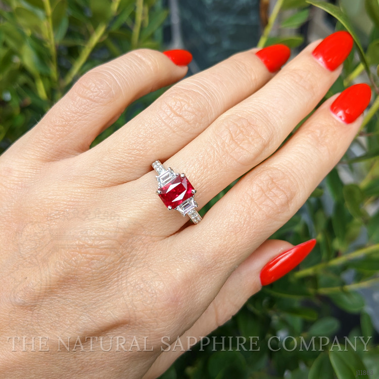 2.19 Ct. Ruby and Natural Diamond Three Stone Ring, 18K White Gold