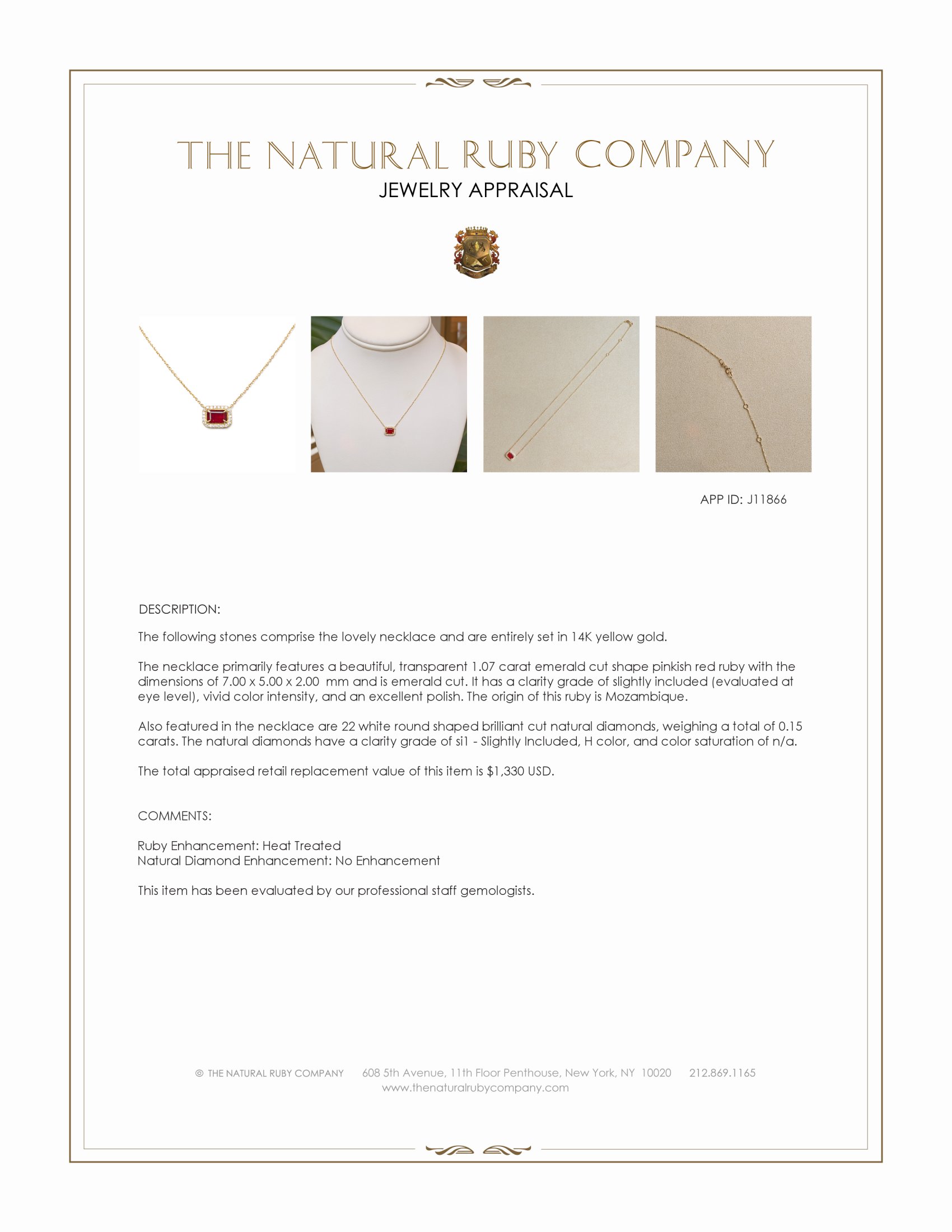 1.07 Ct. Pinkish Red Ruby and Natural Diamond Halo Necklace, 14K Yellow Gold
