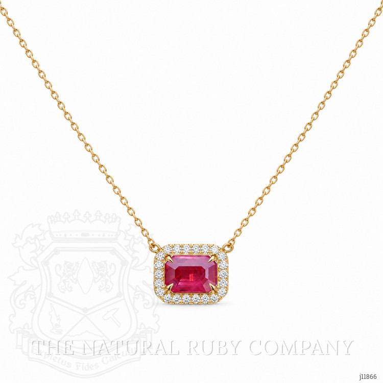 1.01 Ct. Pinkish Red Ruby and Natural Diamond Halo Necklace, 14K Yellow Gold