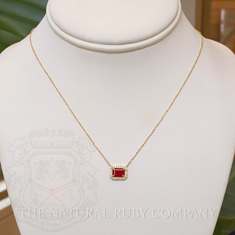 1.07 Ct. Ruby and Natural Diamond Halo Necklace, 14K Yellow Gold