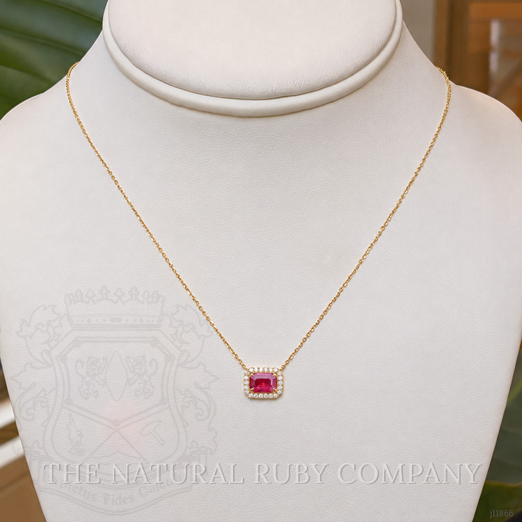 1.01 Ct. Pinkish Red Ruby and Natural Diamond Halo Necklace, 14K Yellow Gold