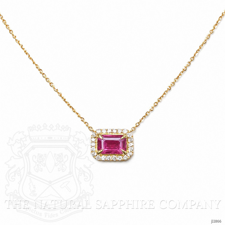 1.07 Ct. Pinkish Red Ruby and Natural Diamond Halo Necklace, 14K Yellow Gold