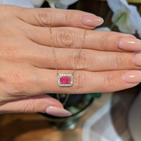 1.01 Ct. Pinkish Red Ruby and Natural Diamond Halo Necklace, 14K Yellow Gold Life Style